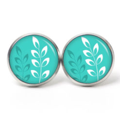 Ohrstecker, Ohrhänger, Clipse & Druckknopf – Motiv weiße Blätter auf Türkis – Schmuck aus Edelstahl