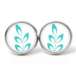 Ohrstecker, Ohrhänger, Clipse & Druckknopf – Motiv türkise Blätter auf weiß – Schmuck aus Edelstahl
