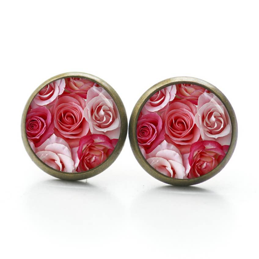 Druckknopf Ohrstecker Ohrhänger Clipse rosa Rosen Blumenstrauß Druckknopf Ohrstecker Ohrhänger Clipse rosa Rosen Blumenstrauß