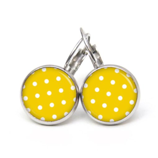Druckknopf Ohrstecker Ohrhänger Clipse gelb mit weißen Tupfen Punkten Polka Dots