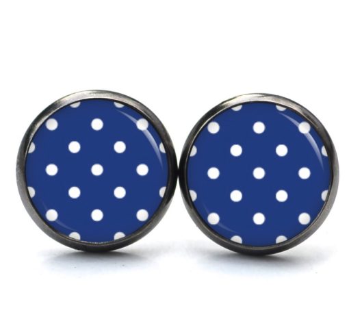 Druckknopf Ohrstecker Ohrhänger Clipse dunkelblau mit weißen Tupfen Punkten Polka Dots