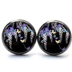 Druckknopf Ohrstecker Ohrhänger Clipse zarte Flieder Blüten mit gelben Schmetterlingen