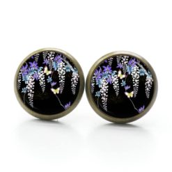 Druckknopf Ohrstecker Ohrhänger Clipse zarte Flieder Blüten mit gelben Schmetterlingen