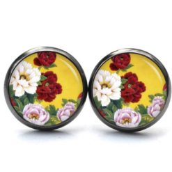 Druckknopf Ohrstecker Ohrhänger Clipse in gelb mit bunte Rosen
