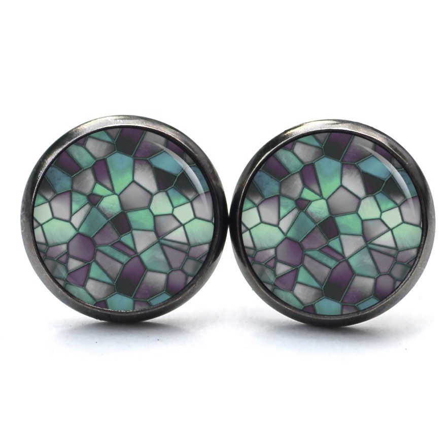 Druckknopf Ohrstecker Ohrhänger Clipse Mosaik Glasmosaik Muster emerald schwarz grün Druckknopf Ohrstecker Ohrhänger Clipse Mosaik Glasmosaik Muster emerald schwarz grün