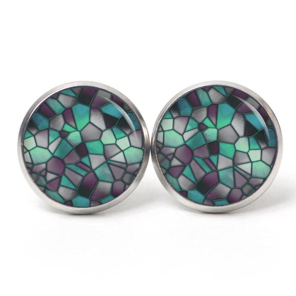 Druckknopf Ohrstecker Ohrhänger Clipse Mosaik Glasmosaik Muster emerald schwarz grün Druckknopf Ohrstecker Ohrhänger Clipse Mosaik Glasmosaik Muster emerald schwarz grün