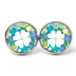 Ohrstecker, Ohrhänger, Clipse & Druckknopf – Motiv Kleeblatt weiß blau und grün – Schmuck aus Edelstahl