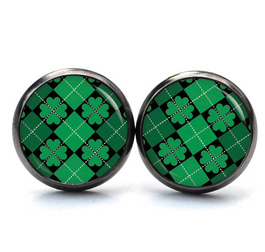 Ohrstecker, Ohrhänger, Clipse & Druckknopf – Motiv Kleeblatt Grün Kariert Karo – Schmuck aus Edelstahl Ohrstecker, Ohrhänger, Clipse & Druckknopf – Motiv Kleeblatt Grün Kariert Karo – Schmuck aus Edelstahl