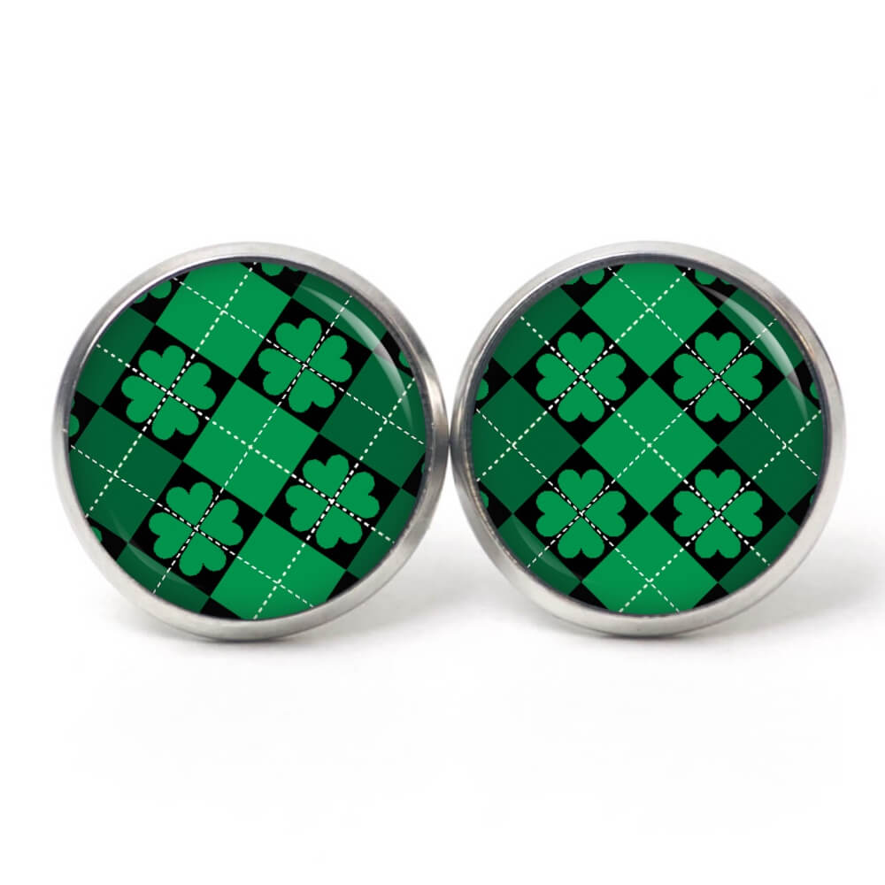 Ohrstecker, Ohrhänger, Clipse & Druckknopf – Motiv Kleeblatt Grün Kariert Karo – Schmuck aus Edelstahl Ohrstecker, Ohrhänger, Clipse & Druckknopf – Motiv Kleeblatt Grün Kariert Karo – Schmuck aus Edelstahl