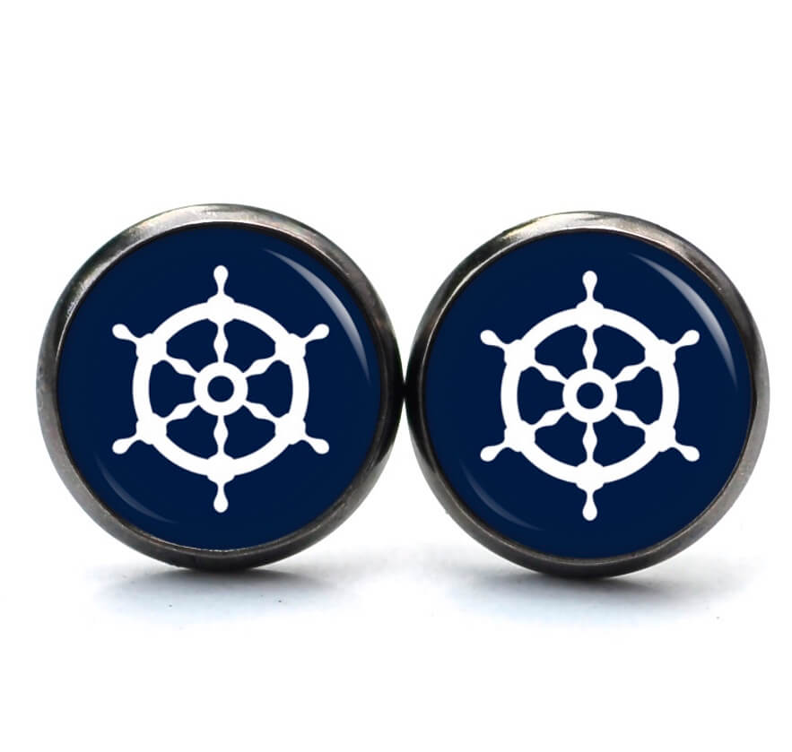 Ohrstecker, Ohrhänger, Clipse & Druckknopf – Motiv maritim Schiff Steuerrad Dunkelblau – Schmuck aus Edelstahl Ohrstecker, Ohrhänger, Clipse & Druckknopf - Motiv maritim Schiff Steuerrad Dunkelblau - Schmuck aus Edelstahl