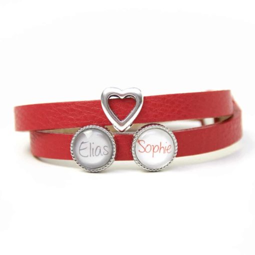 Rotes Lederarmband mit 2 Wunsch Namen und Herz - Farbwahl