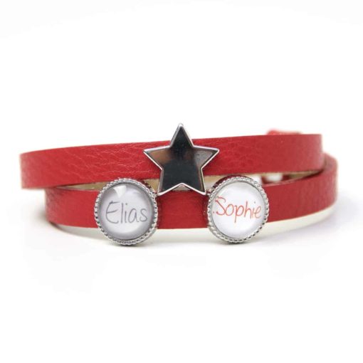 Rotes Lederarmband mit 2 Wunsch Namen und Stern - Farbwahl