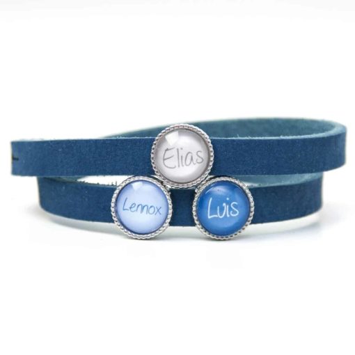 Blaues Lederarmband mit 3 Schiebeperlen - Wunschtext - Farbwahl