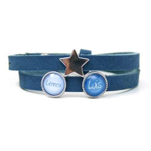Blaues Lederarmband mit 2 Schiebeperlen und Stern - Wunschtext - Farbwahl