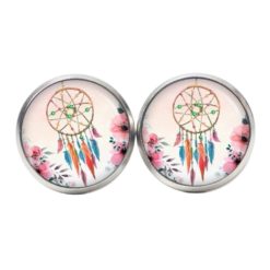 Ohrstecker, Ohrhänger, Clipse & Druckknopf – Motiv zarter Traumfänger in rosa mit Blumen – Schmuck aus Edelstahl