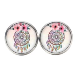 Ohrstecker, Ohrhänger, Clipse & Druckknopf – Motiv Traumfänger in rosa mit Blumen – Schmuck aus Edelstahl