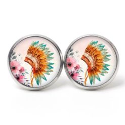 Ohrstecker, Ohrhänger, Clipse & Druckknopf – Motiv Indianer Federhaube Blumen – Schmuck aus Edelstahl