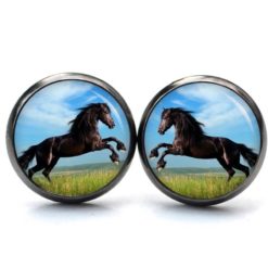 Ohrringe schwarzes springendes Pferd auf der Wiese