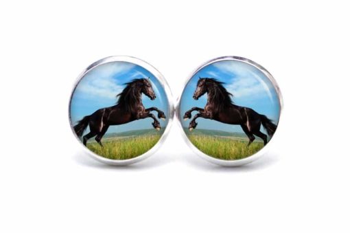 Druckknopf / Ohrstecker / Ohrhänger springendes schwarzes Pferd Pferde