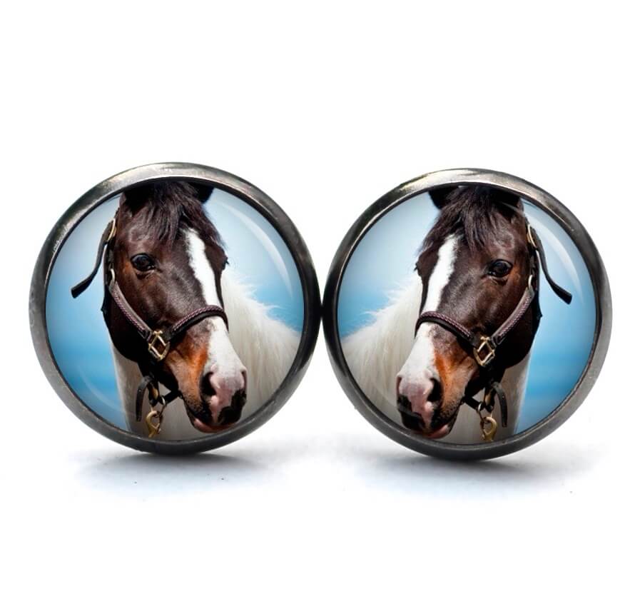 Ohrstecker, Ohrhänger, Clipse & Druckknopf – Motiv Pferd Pferdekopf weiß braun – Schmuck aus Edelstahl Ohrstecker, Ohrhänger, Clipse & Druckknopf – Motiv Pferd Pferdekopf weiß braun – Schmuck aus Edelstahl