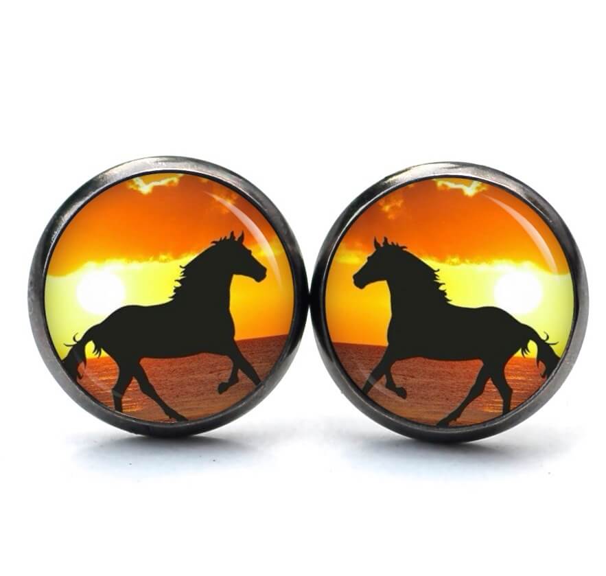Ohrstecker, Ohrhänger, Clipse & Druckknopf – Motiv Pferd bei Sonnenuntergang – Schmuck aus Edelstahl Ohrstecker, Ohrhänger, Clipse & Druckknopf – Motiv Pferd bei Sonnenuntergang – Schmuck aus Edelstahl