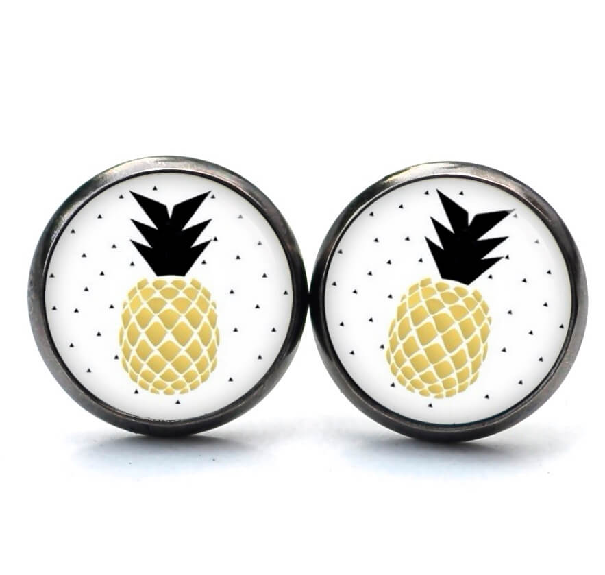 Ohrstecker, Ohrhänger, Clipse & Druckknopf – Motiv gold schwarze Ananas – Schmuck aus Edelstahl Ohrstecker, Ohrhänger, Clipse & Druckknopf – Motiv gold schwarze Ananas – Schmuck aus Edelstahl