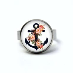 Edelstahl Ring blauer Anker mit Rosen in lachs Farbe – maritim