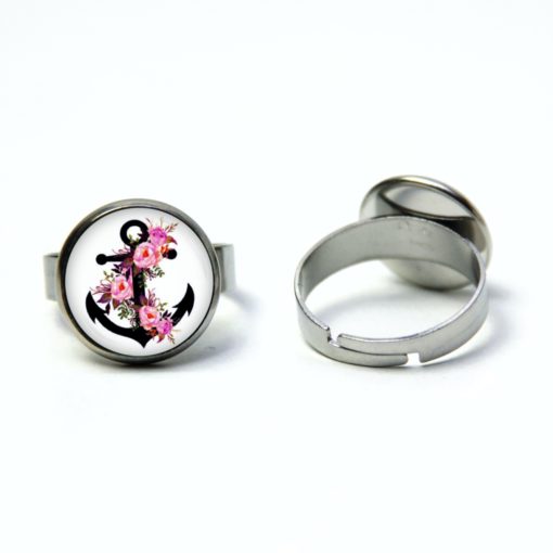 Maritimer Edelstahl Ring schwarzer Anker mit rosa Rosen - verschiedene Größen