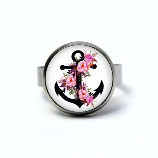 Maritimer Edelstahl Ring schwarzer Anker mit rosa Rosen - verschiedene Größen