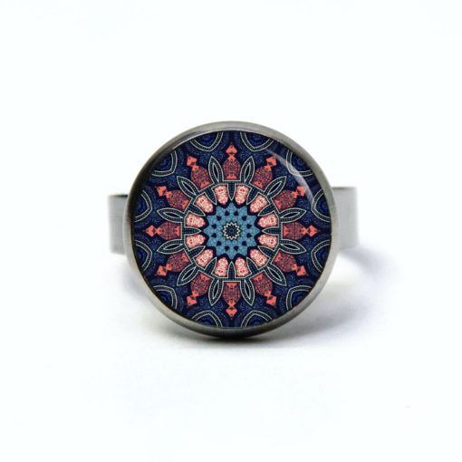 Edelstahl Ring Muster Mandala Mosaik in blau und rosa - verschiedene Größen