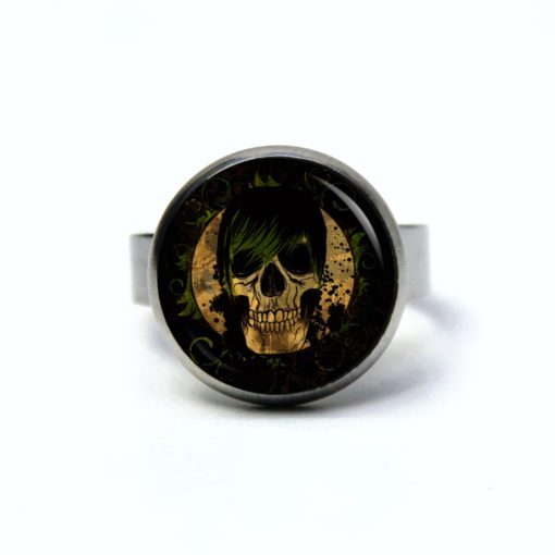 Edelstahl Ring Totenkopf mit grünem Haar - verschiedene Größen