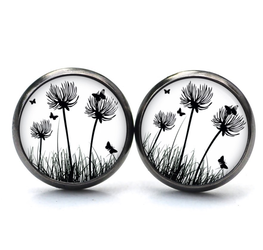 Ohrstecker, Ohrhänger, Clipse & Druckknopf – Motiv Pusteblume weiß schwarz – Schmuck aus Edelstahl Ohrstecker, Ohrhänger, Clipse & Druckknopf – Motiv Pusteblume weiß schwarz – Schmuck aus Edelstahl