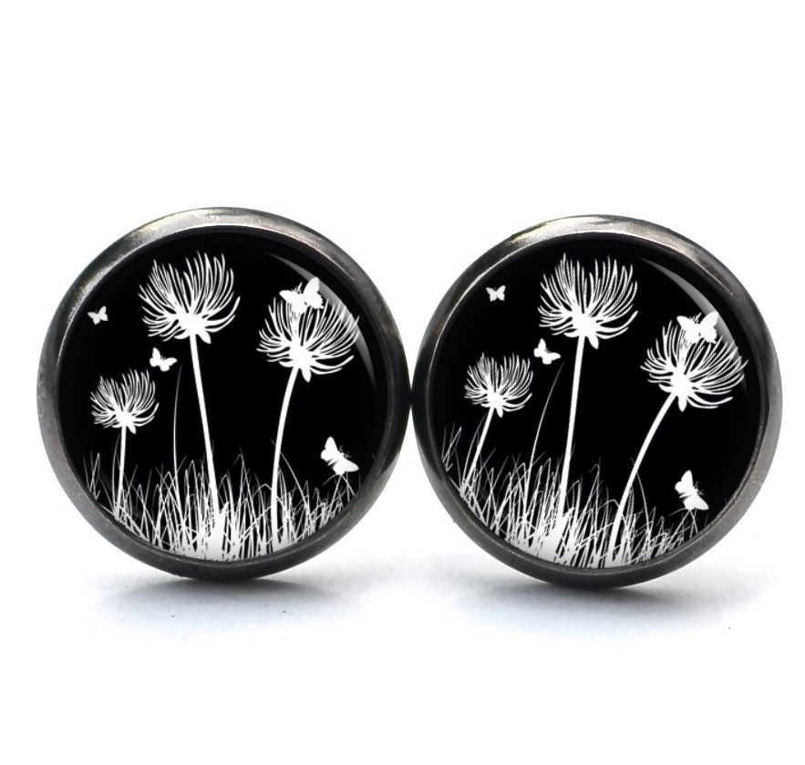 Ohrstecker, Ohrhänger, Clipse & Druckknopf – Motiv Pusteblume schwarz weiß – Schmuck aus Edelstahl Ohrstecker, Ohrhänger, Clipse & Druckknopf – Motiv Pusteblume schwarz weiß – Schmuck aus Edelstahl