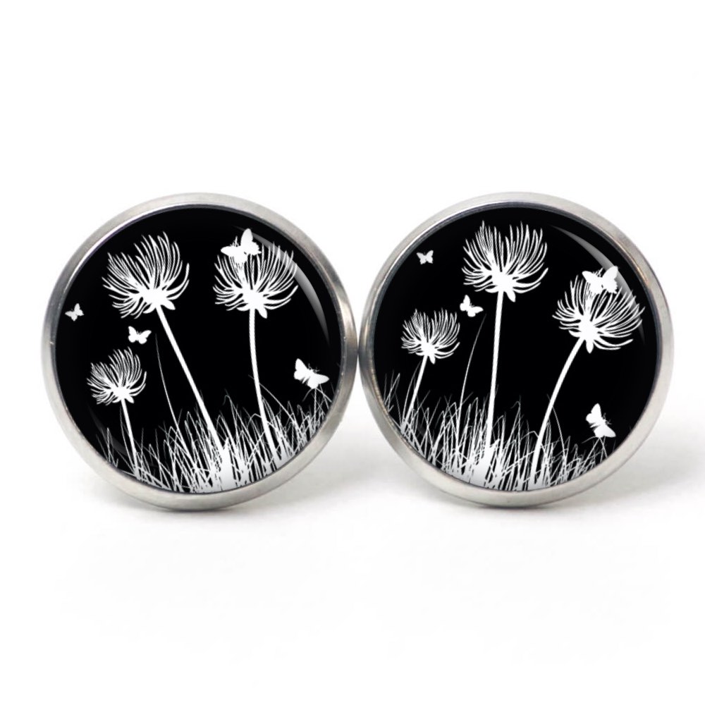 Ohrstecker, Ohrhänger, Clipse & Druckknopf – Motiv Pusteblume schwarz weiß – Schmuck aus Edelstahl Ohrstecker, Ohrhänger, Clipse & Druckknopf – Motiv Pusteblume schwarz weiß – Schmuck aus Edelstahl