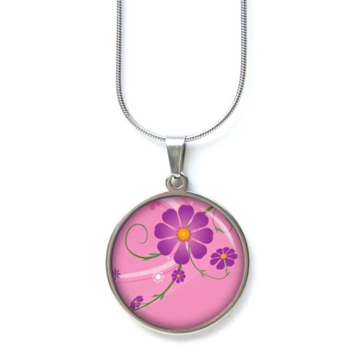 Edelstahl Kette rosa mit violetten Blumen