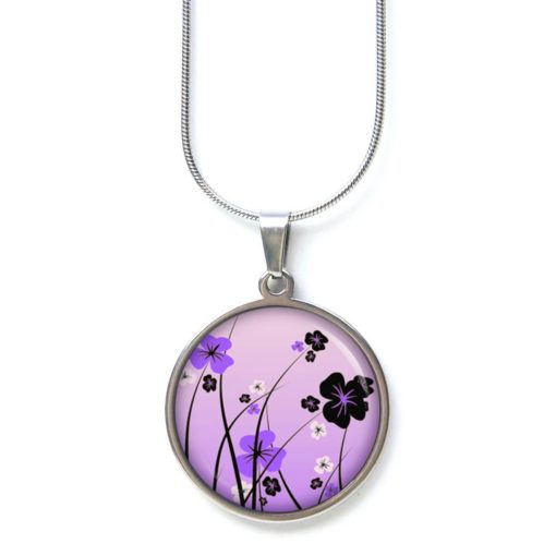 Edelstahl Kette mit tollem Blumenmotiv in lila violett und schwarz
