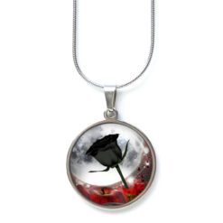 Edelstahl Kette schwarze Rose vor Vollmond - verschiedene Längen