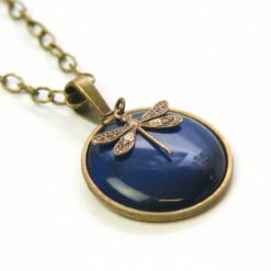 Vintage Halskette in dunkelblau mit Libelle - Bronze oder Edelstahl