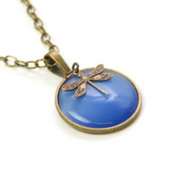 Vintage Halskette in blau mit Libelle in Bronze