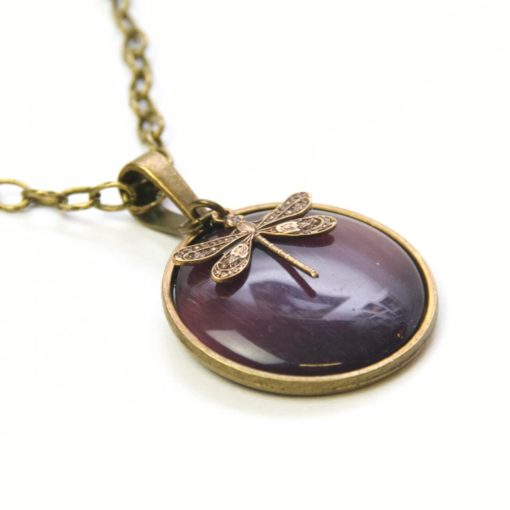 Vintage Halskette in violett mit Libelle - Bronze oder Edelstahl