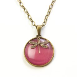 Vintage Halskette in pink mit Libelle in Bronze