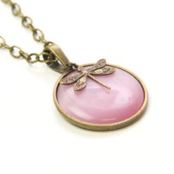 Vintage Halskette in rosa mit Libelle in Bronze