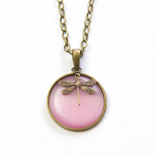 Vintage Halskette in rosa mit Libelle - Bronze oder Edelstahl