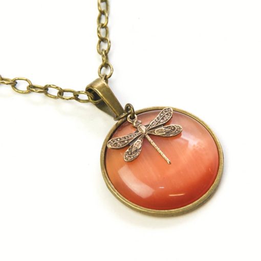 Vintage Halskette in orange mit Libelle - Bronze oder Edelstahl