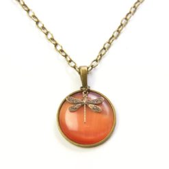 Vintage Halskette in orange mit Libelle in Bronze