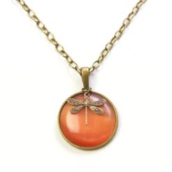 Vintage Halskette in orange mit Libelle in Bronze