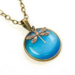 Vintage Halskette in türkisblau mit Libelle in Bronze