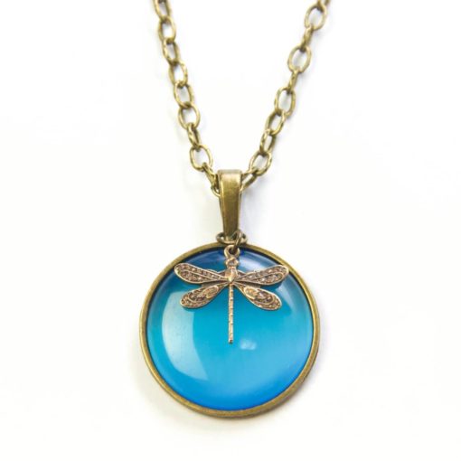 Vintage Halskette in türkisblau mit Libelle - Bronze oder Edelstahl