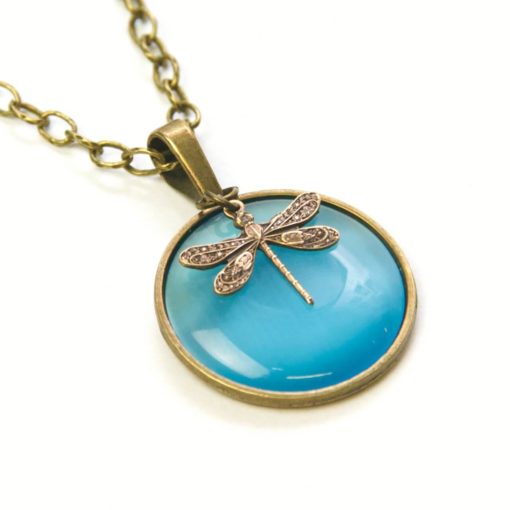 Vintage Halskette in hellblau mit Libelle - Bronze oder Edelstahl