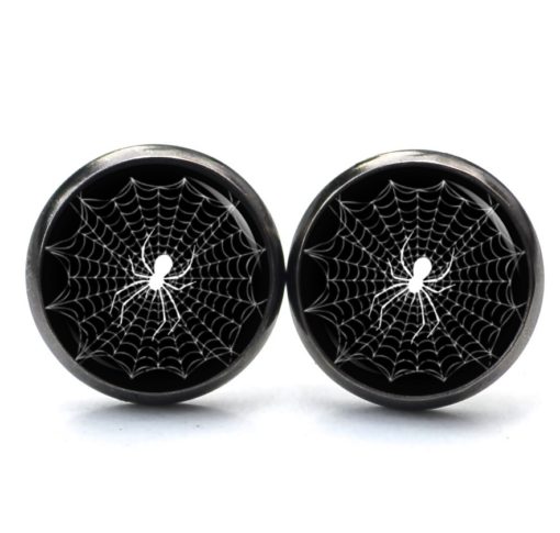 Druckknopf / Ohrstecker / Ohrhänger großes Spinnennetz mit Spinne schwarz weiß